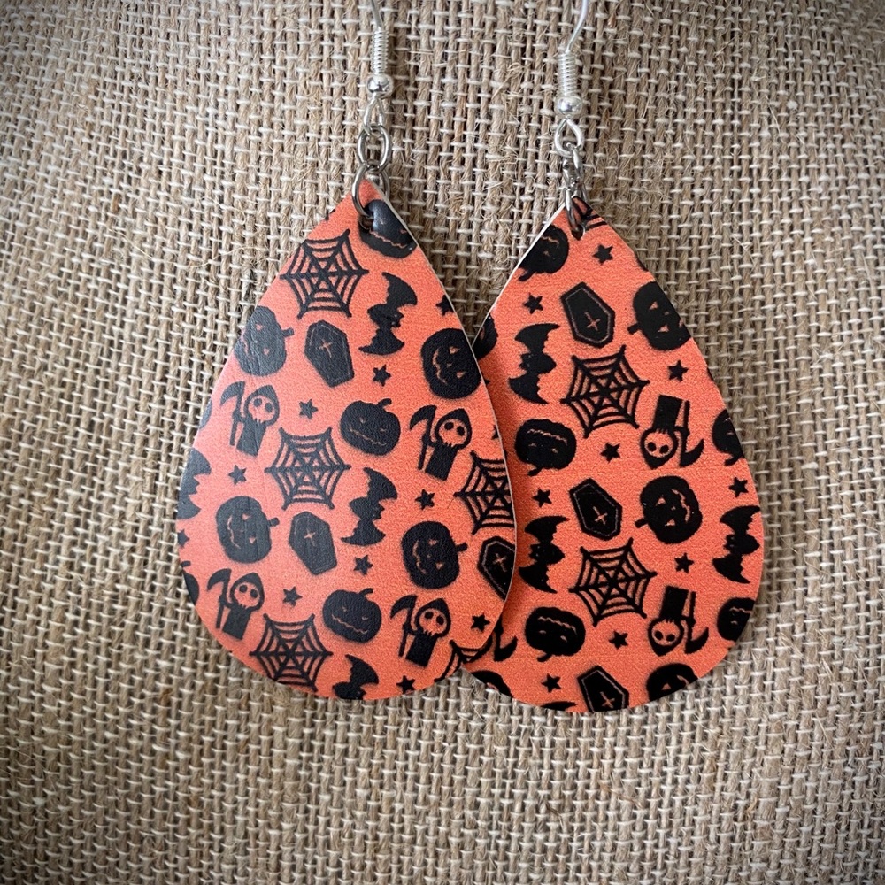 Festive & Spooky Faux Leather Teardrop Earrings
